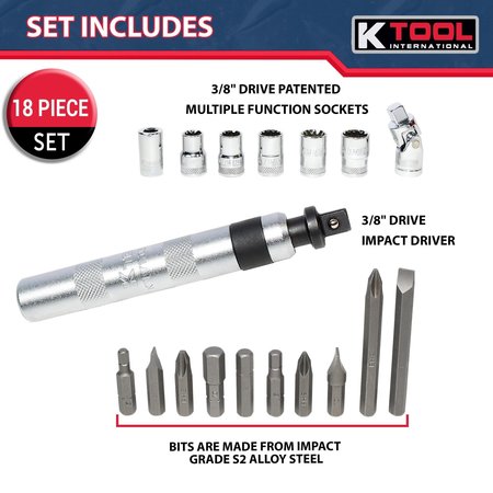 K TOOL INTL 18-Piece 3/8 Drive Impact Driver Set With Multi- KTI71717